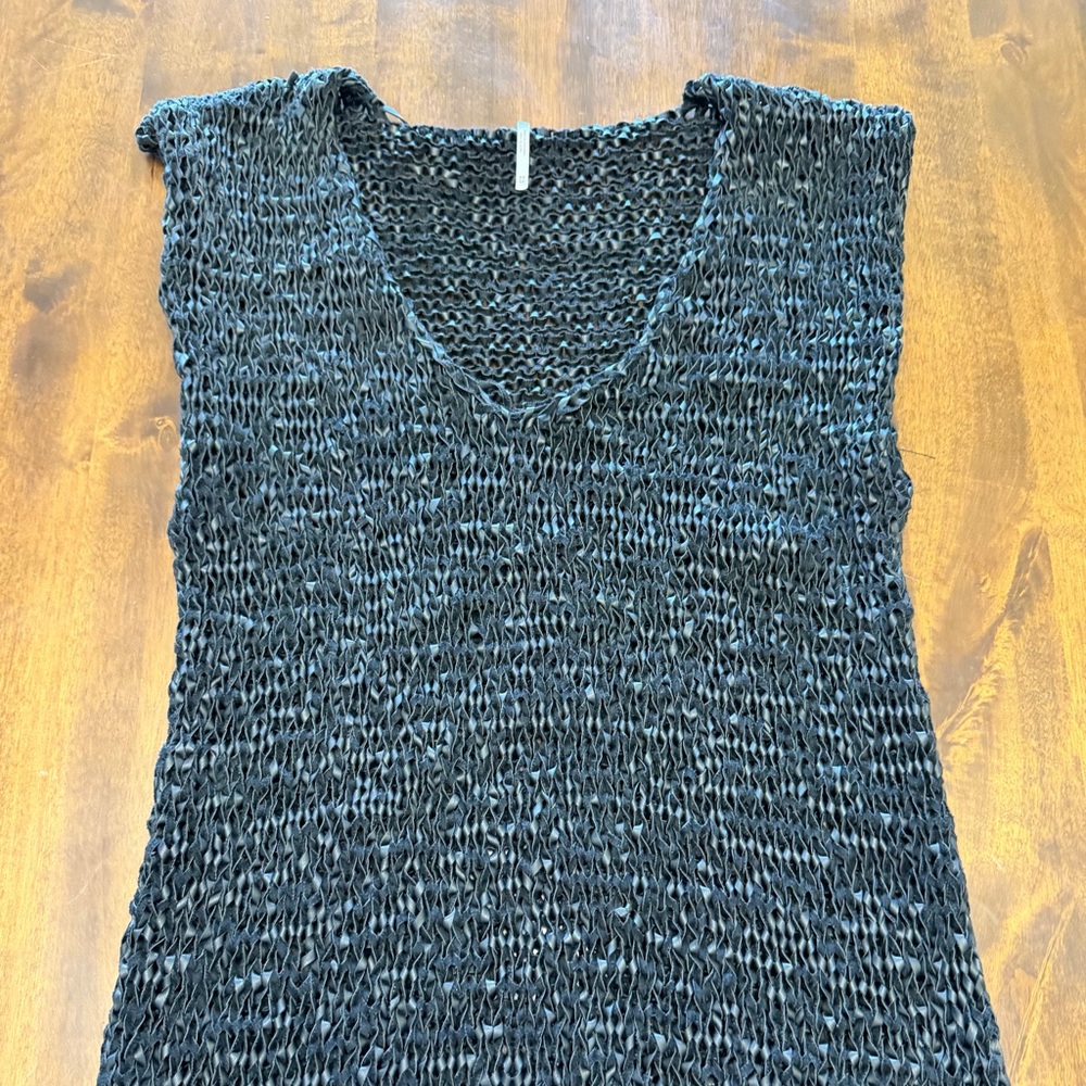 Free People Billie Vegan Faux-Leather Black Crochet Tunic Top Sheer Mini  XS